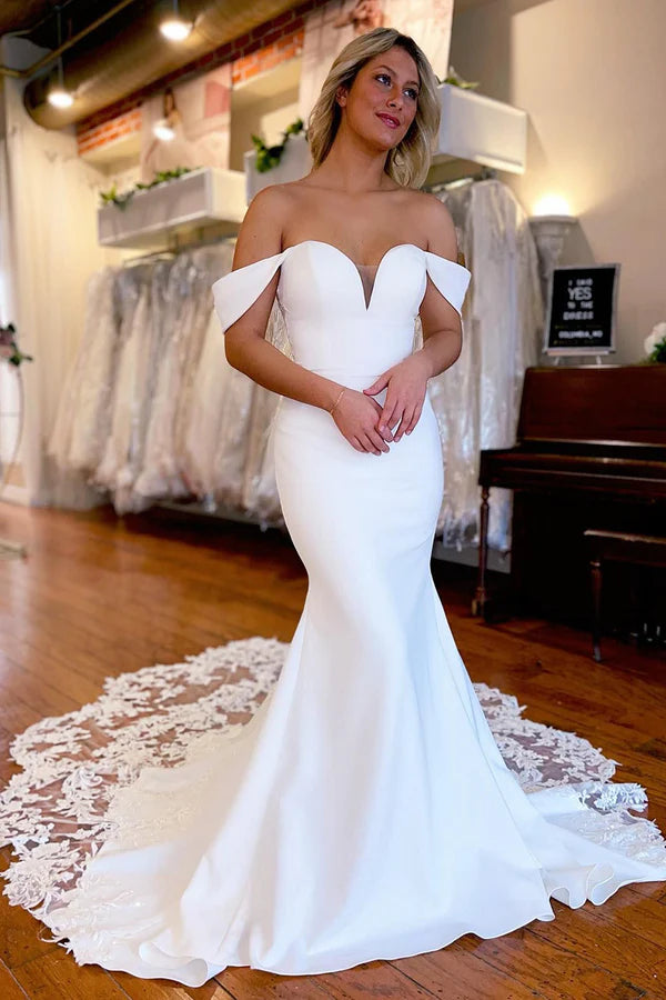 Buyishang White Boho Mermaid Off the Shoulder Long Wedding Dress with Lace
