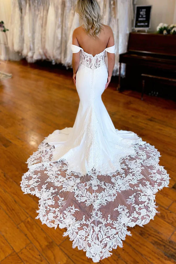 Buyishang White Boho Mermaid Off the Shoulder Long Wedding Dress with Lace
