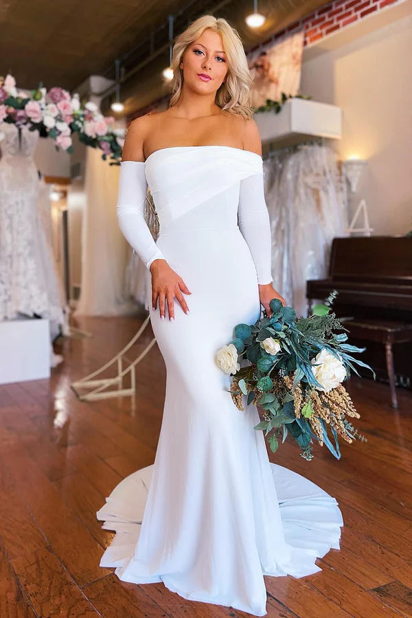 Buyishang Simple White Boho Mermaid Long Wedding Dress with Sleeves