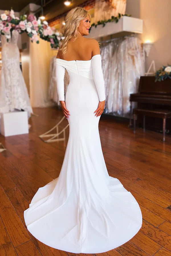 Buyishang Simple White Boho Mermaid Long Wedding Dress with Sleeves