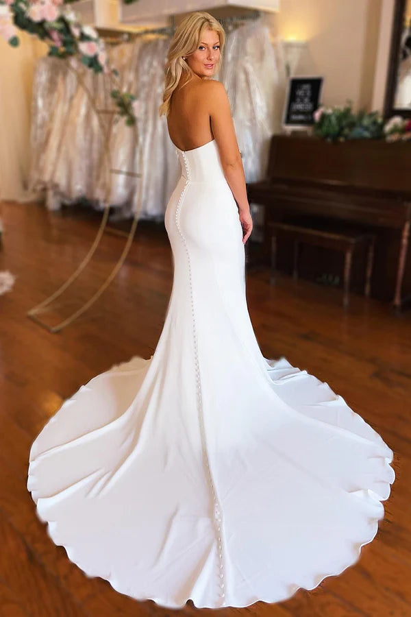 Buyishang Simple White Boho Mermaid Satin Long Sleeveless Wedding Dress