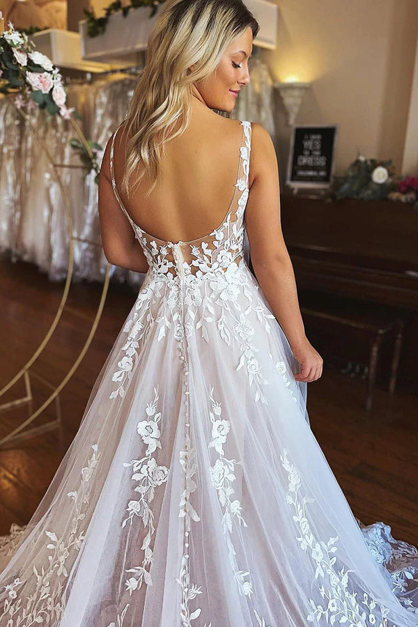 Buyishang Ivory A-Line V-Neck Backless Long Lace Wedding Dress
