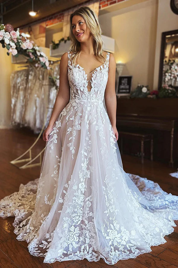 Buyishang Ivory A-Line V-Neck Backless Long Lace Wedding Dress