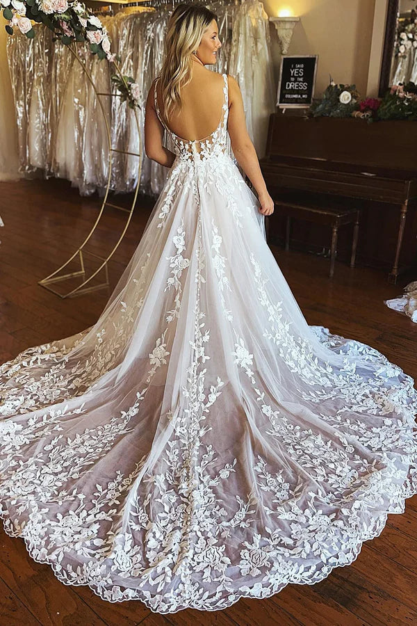 Buyishang Ivory A-Line V-Neck Backless Long Lace Wedding Dress
