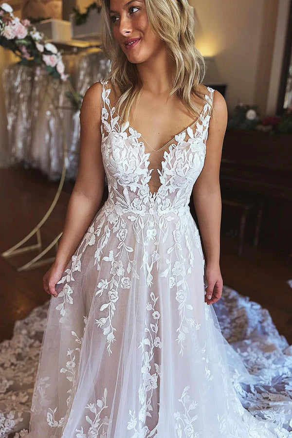 Buyishang Ivory A-Line V-Neck Backless Long Lace Wedding Dress