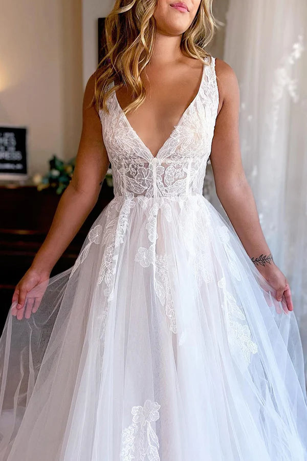 Buyishang Ivory A-Line Deep V-Neck Backless Long Wedding Dress with Lace