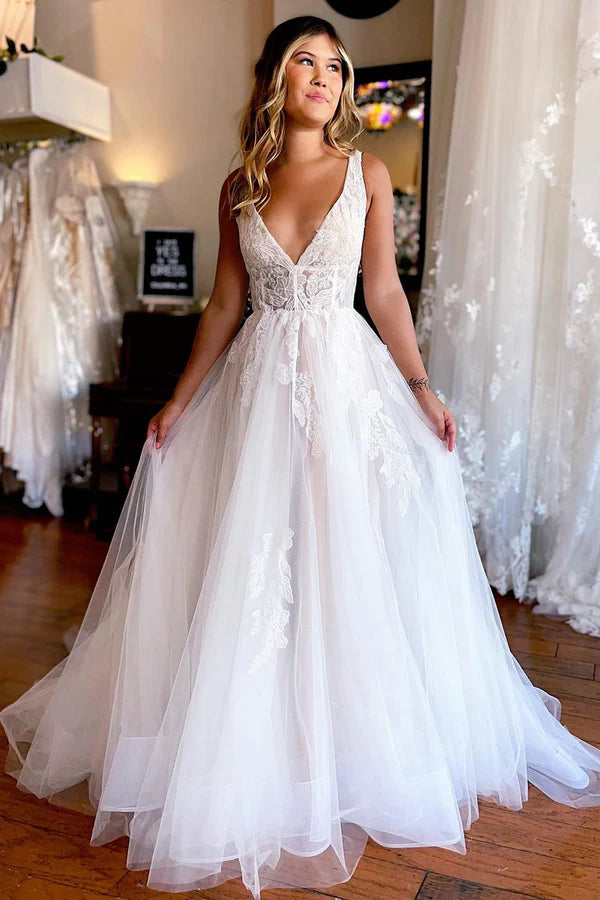 Buyishang Ivory A-Line Deep V-Neck Backless Long Wedding Dress with Lace