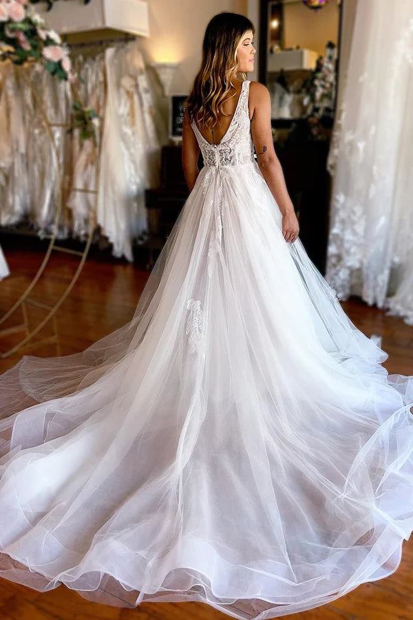 Buyishang Ivory A-Line Deep V-Neck Backless Long Wedding Dress with Lace