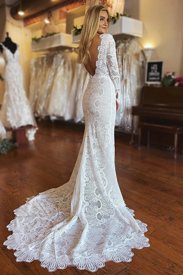 Buyishang White Mermaid Boho Long Lace Wedding Dress with Sleeves