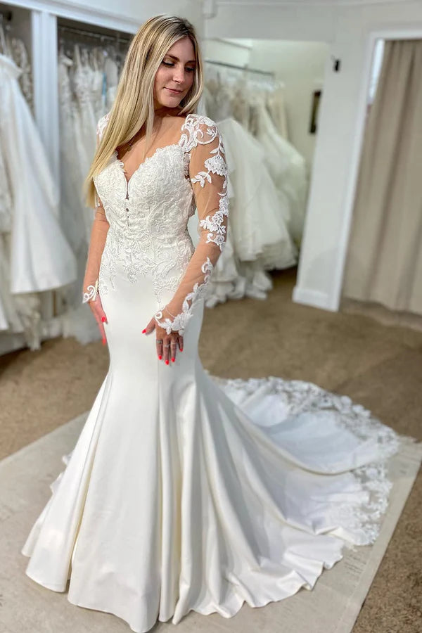 Buyishang White V-Neck Mermaid Long Wedding Dress with Lace