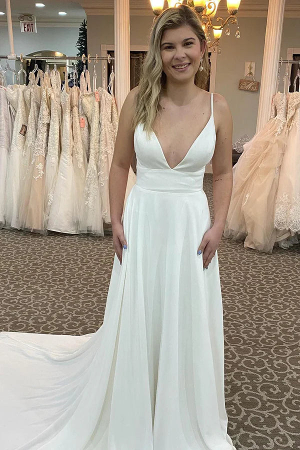 Buyishang A-Line Spaghetti Straps White Long Wedding Dress with Beading