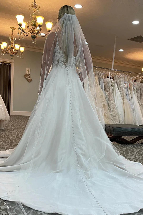 Buyishang A-Line Spaghetti Straps White Long Wedding Dress with Beading