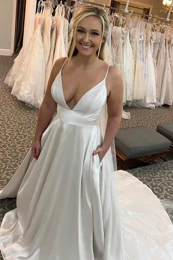 Buyishang A-Line Spaghetti Straps White Long Wedding Dress with Beading