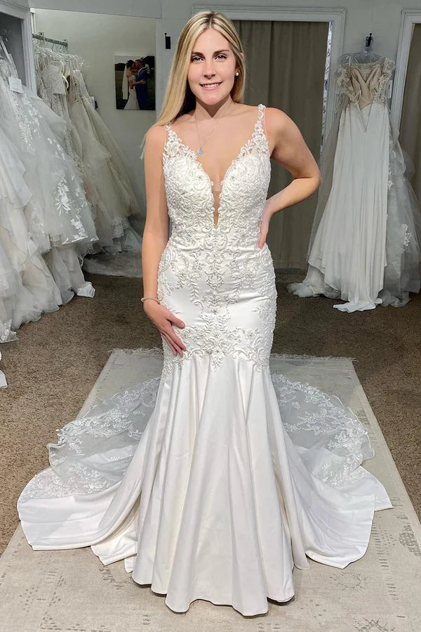Buyishang White Deep V-Neck Mermaid Long Wedding Dress with Appliques
