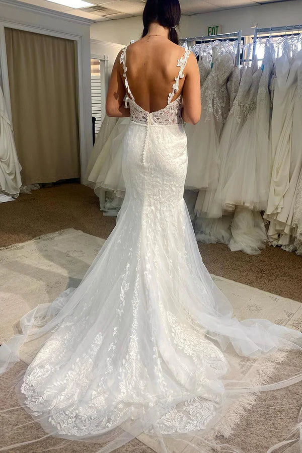 Buyishang Tulle Mermaid Spaghetti Straps White Long Wedding Dress with Appliques