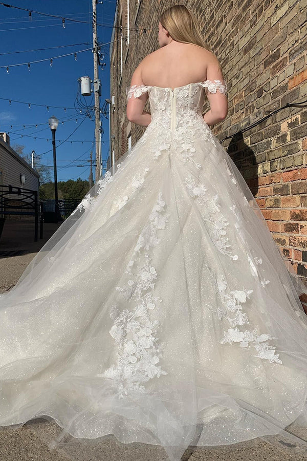 Buyishang Glitter A-Line Off The Shouder White Long Wedding Dress with Appliques