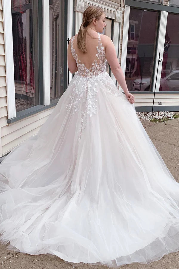 Buyishang A-Line Tulle Sparkly White Wedding Dress with Appliques
