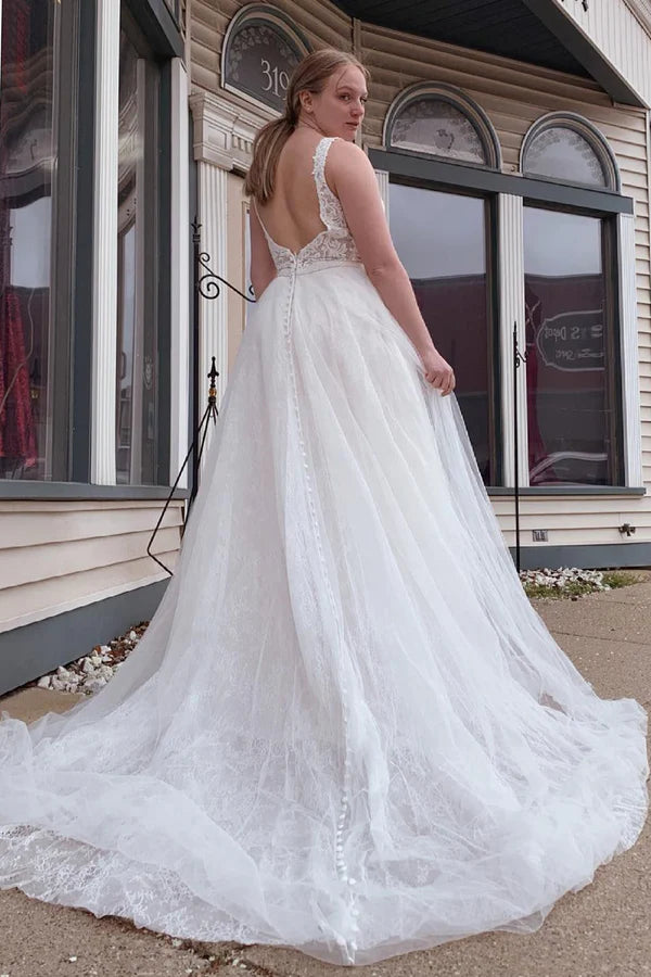 Buyishang A-Line Tulle White Long Wedding Dress with Beading