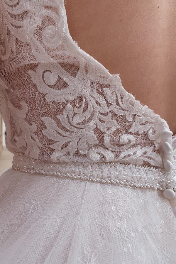 Buyishang A-Line Tulle White Long Wedding Dress with Beading