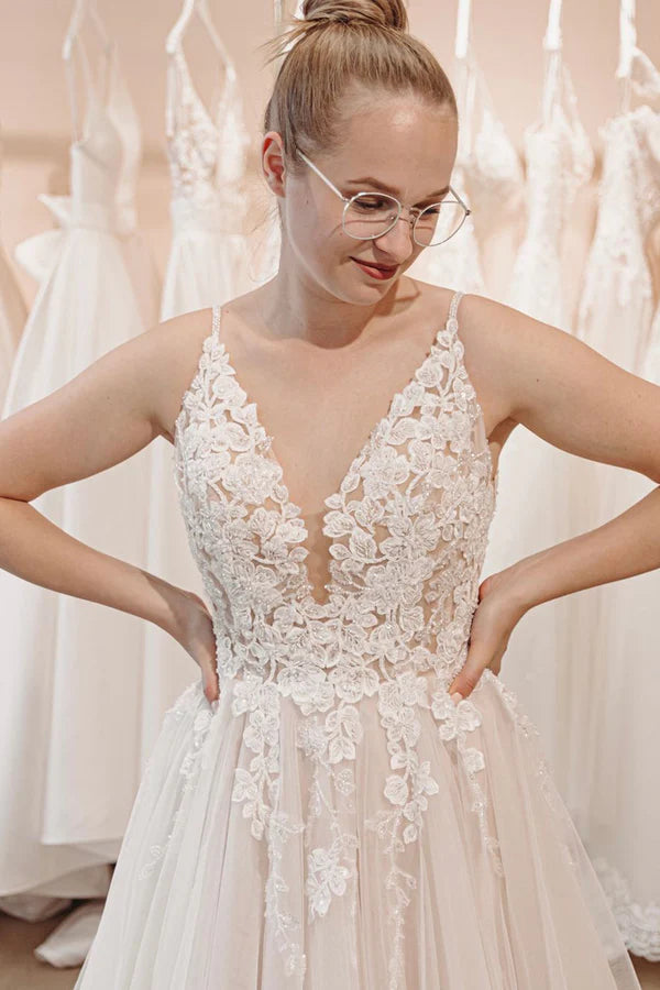 Buyishang Glitter Ivory A-Line Spaghetti Straps Long Wedding Dress with Appliques