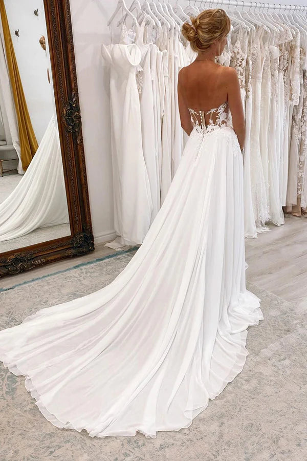 Buyishang White Sweetheart Long Lace Boho Wedding Dress with Slit