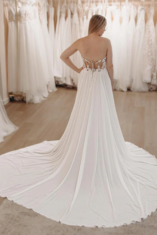 Buyishang White Sweetheart Long Lace Boho Wedding Dress with Slit