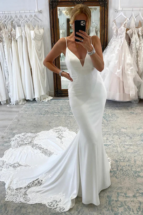 Buyishang White Spaghetti Straps Long Mermaid Boho Wedding Dress with Lace