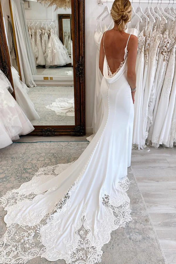 Buyishang White Spaghetti Straps Long Mermaid Boho Wedding Dress with Lace