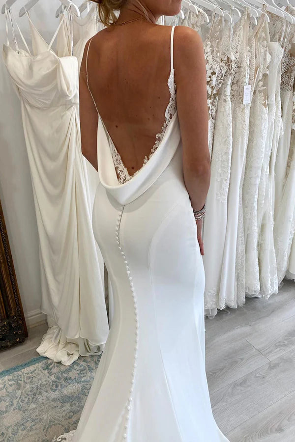 Buyishang White Spaghetti Straps Long Mermaid Boho Wedding Dress with Lace