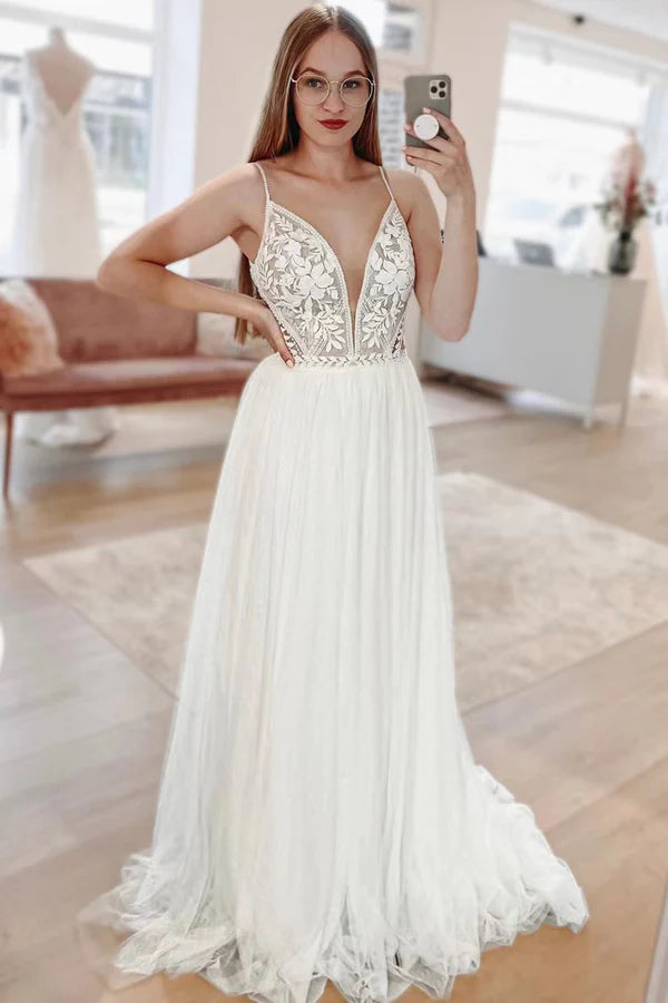 Buyishang Simple White A-Line Boho Long Chiffon Wedding Dress with Lace Appliques