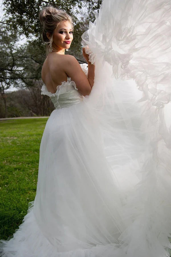 Buyishang A-Line Strapless White Tulle Wedding Dress