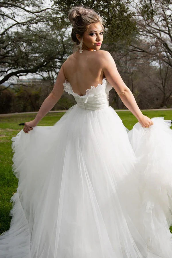 Buyishang A-Line Strapless White Tulle Wedding Dress