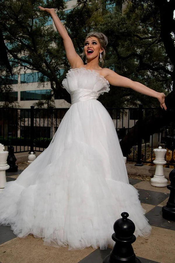 Buyishang A-Line Strapless White Tulle Wedding Dress
