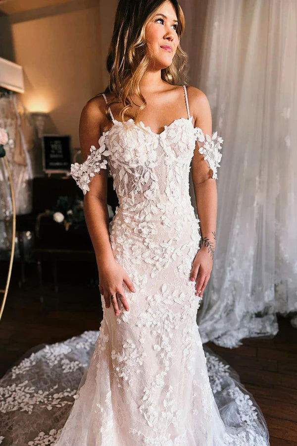 Buyishang Champagne Off the Shoulder Mermaid Wedding Dress with Train