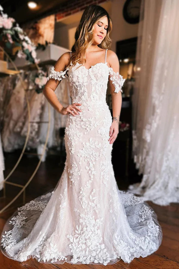Buyishang Champagne Off the Shoulder Mermaid Wedding Dress with Train