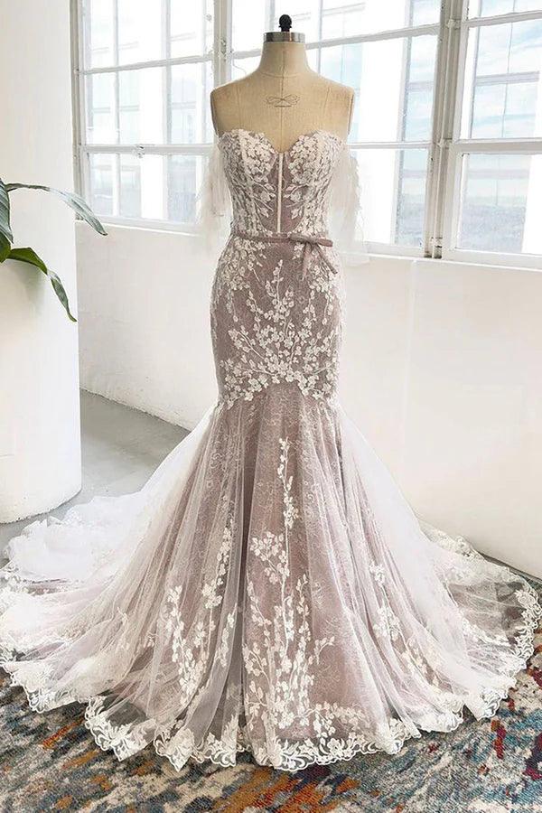 Buyishang Grey Sweetheart Corset Mermaid Wedding Dress with Appliques