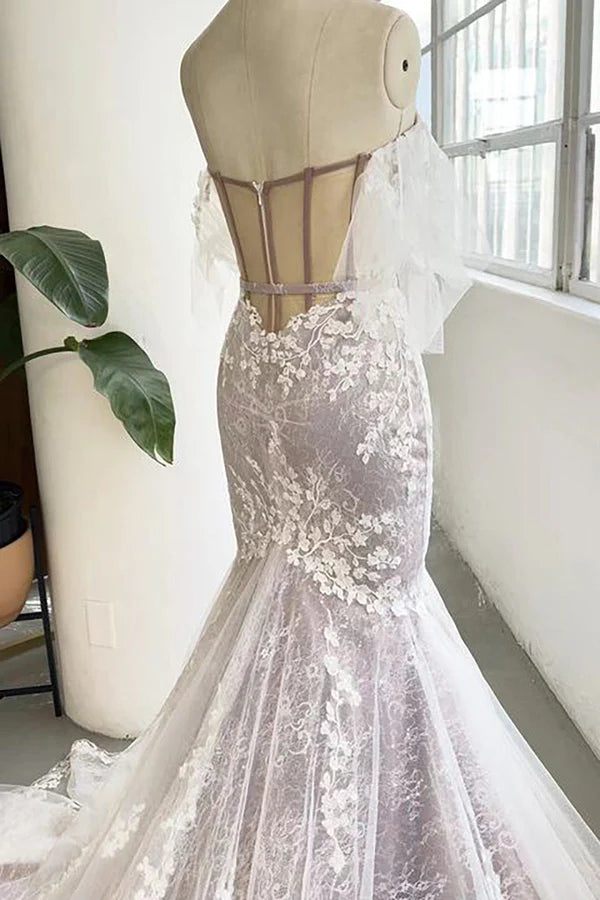 Buyishang Grey Sweetheart Corset Mermaid Wedding Dress with Appliques