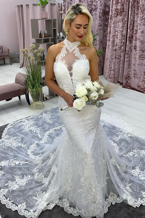 Buyishang Ivory Halter Long Train Mermaid Wedding Dress with Appliques