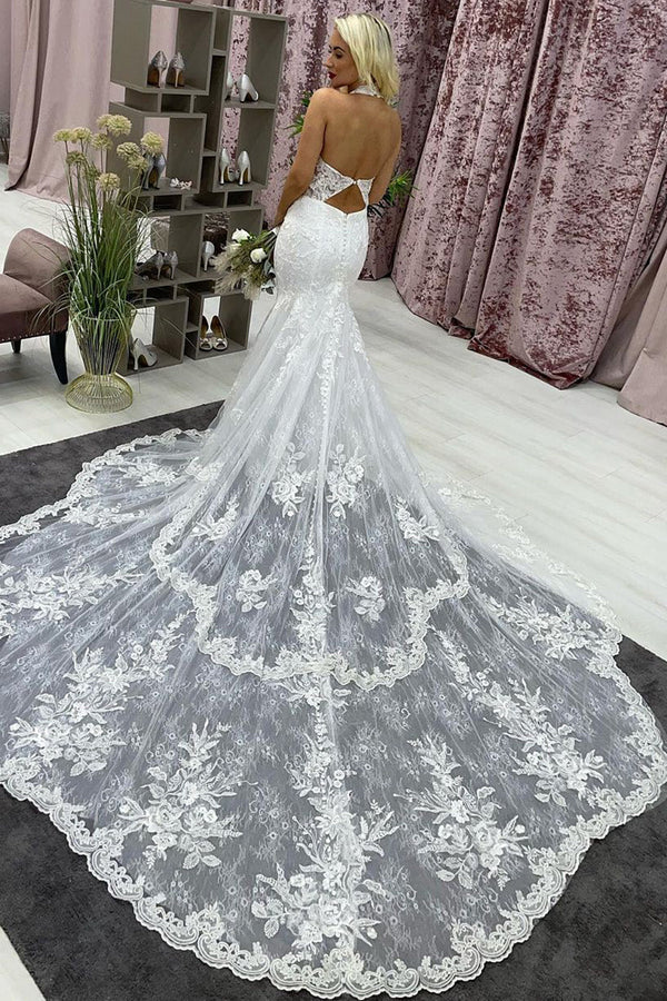 Buyishang Ivory Halter Long Train Mermaid Wedding Dress with Appliques