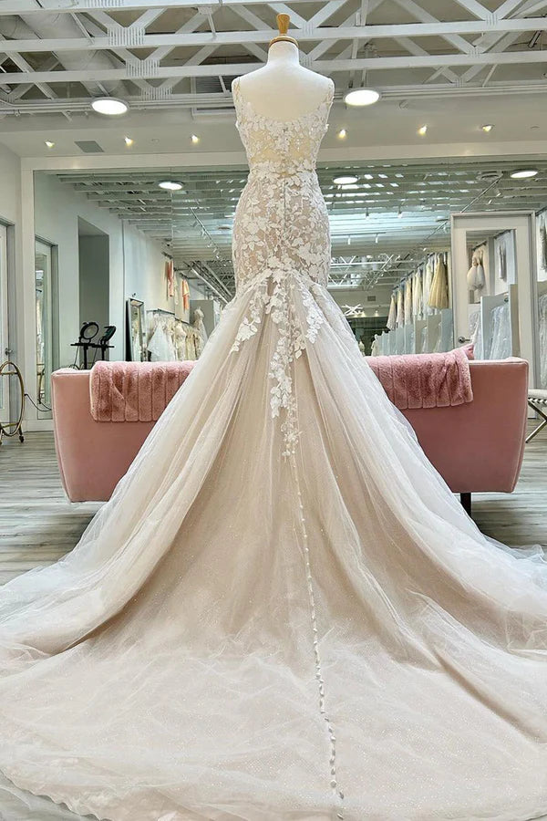 Buyishang Champagne V-Neck Asymmetrical Mermaid Wedding Dress with Appliques