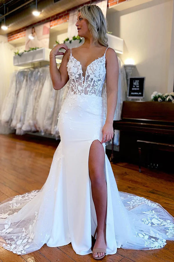 Buyishang Ivory Spaghetti Straps High Slit Mermaid Wedding Dress with Appliques
