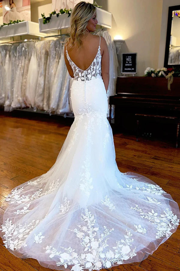 Buyishang Ivory Spaghetti Straps High Slit Mermaid Wedding Dress with Appliques