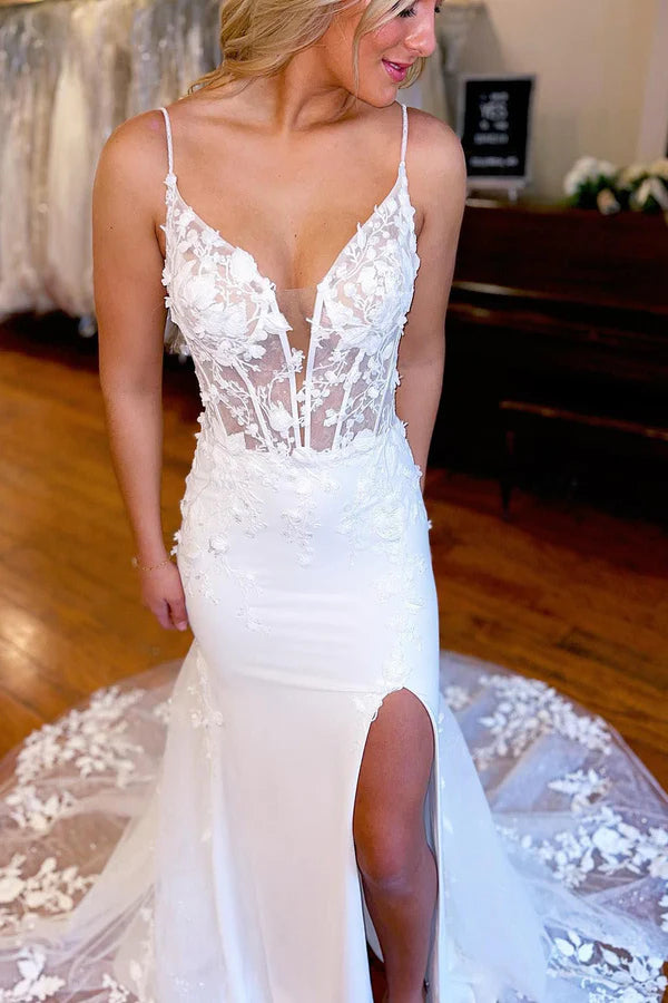 Buyishang Ivory Spaghetti Straps High Slit Mermaid Wedding Dress with Appliques