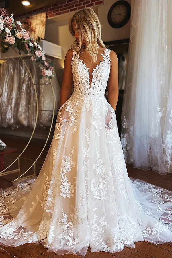 Buyishang Ivory V-Neck A-Line Tulle Wedding Dress with