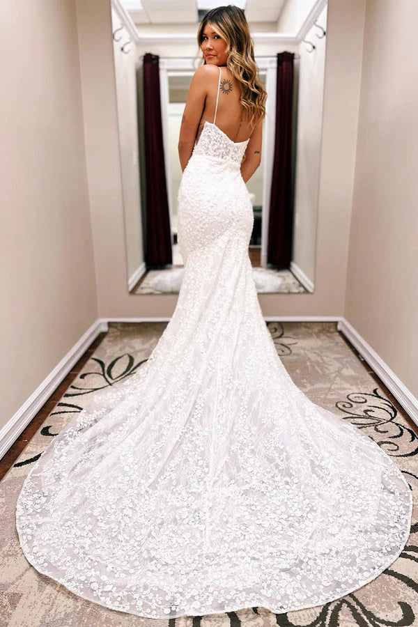 Buyishang Ivory Spaghetti Straps Lace Mermaid Wedding Dress with Train