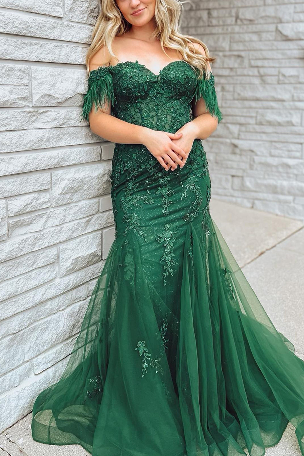 Dark Green Mermaid Off The Shoulder Long Corset Prom Dress With Appliques