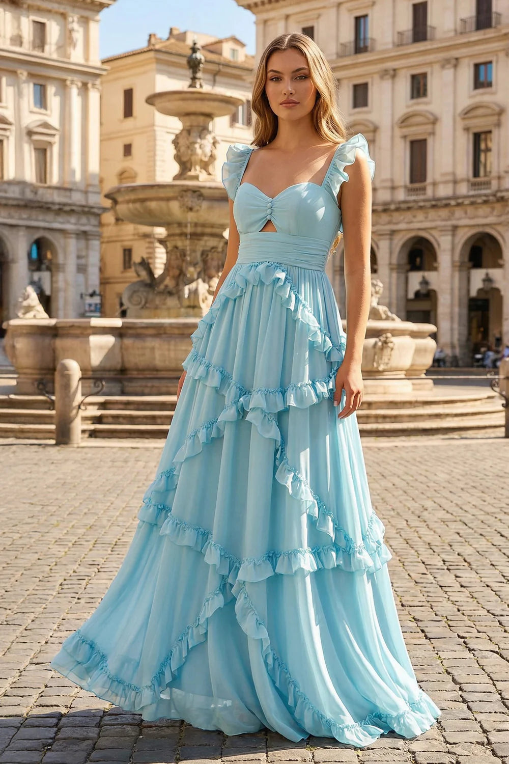Whimsical A-Line Sweetheart Flutter-Sleeved Open-Back Chiffon Floor-Length Ruffles Prom Dresses