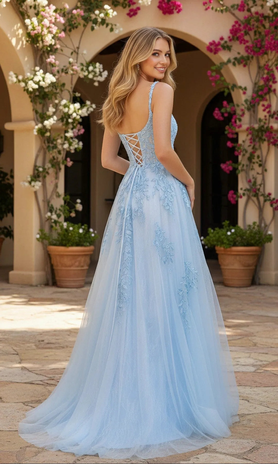 Whimsical Light Blue A-Line Sweetheart Spaghetti-Strap Lace-Up Back Floor-Length lace appliques Prom Dresses