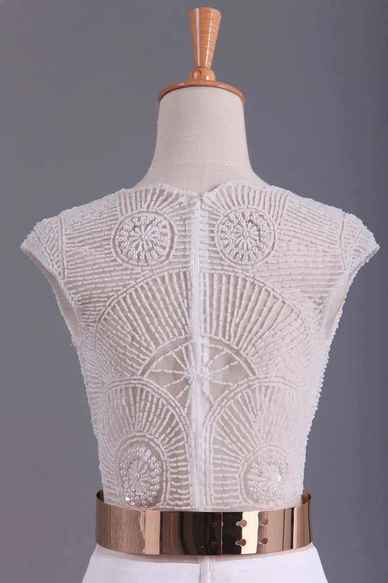 V Neck Beaded Bodice Party Dresses A Line Chiffon With Sash And Slit