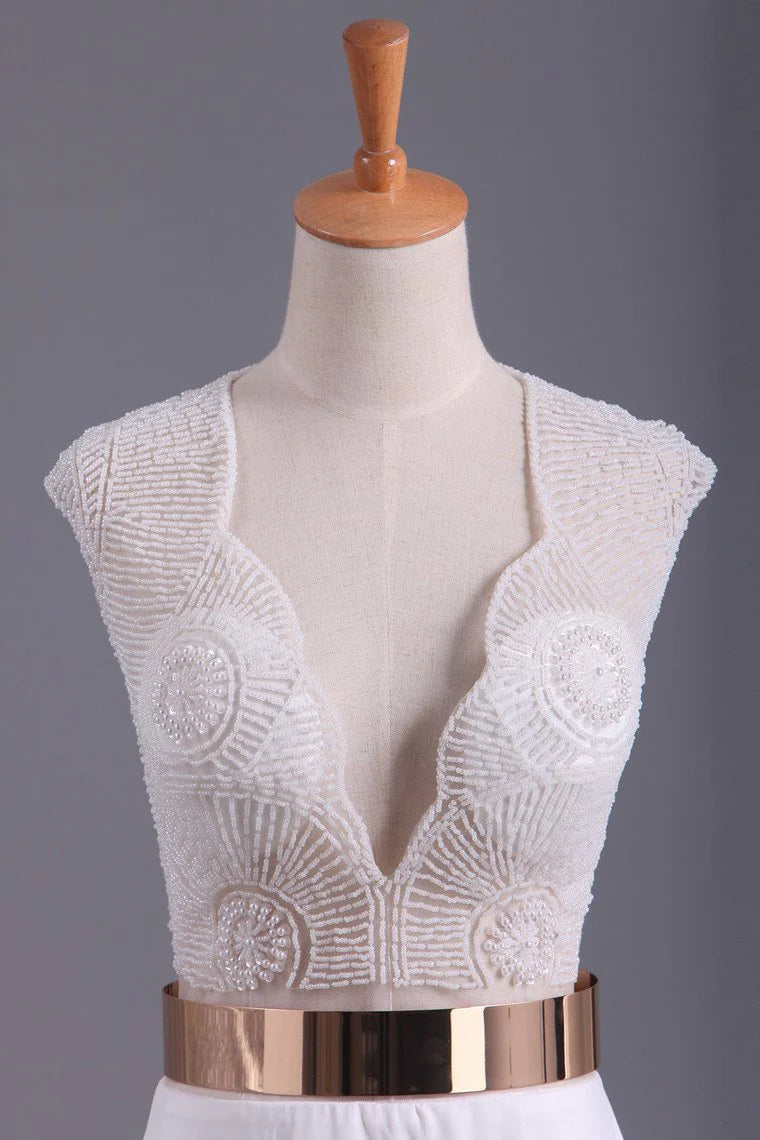 V Neck Beaded Bodice Party Dresses A Line Chiffon With Sash And Slit